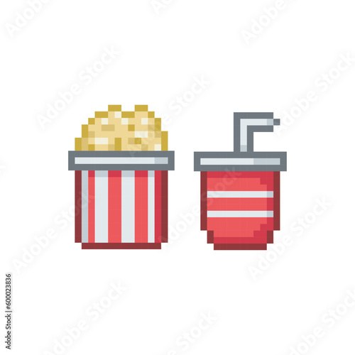 Popcorn and fizzy drink, pixel art food