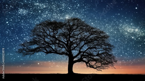 A lone tree standing against a starry night sky. Generative ai