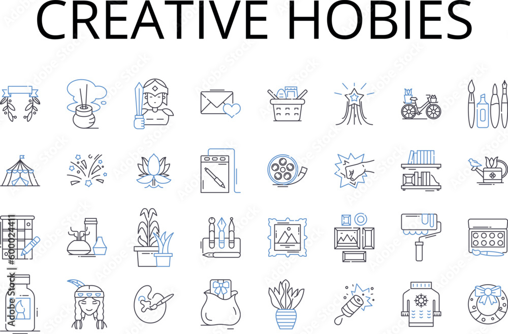 Creative hobies line icons collection. Bold ventures, Daring passions, Whimsical fancies, Innovative pastimes, Fresh diversions, Quirky pursuits, Imaginative hobbies vector and linear illustration