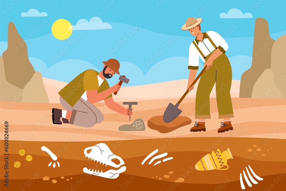 Obraz premium Archaeological excavations process. Scientists are looking for historical values, men with tools dig up dinosaur bones, vector illustration