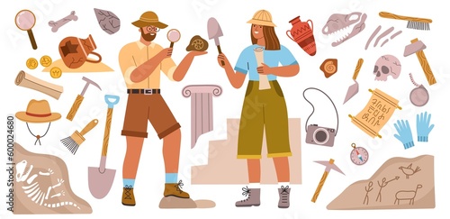 Archeology elements and people. man and woman archaeologists, scientists looking ancient artifacts, cultural, historical values, vector set