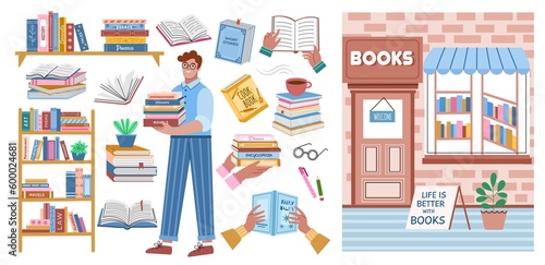 Cartoon book store elements. Happy guy in library chooses interesting textbooks, cute reader character with literature stack, vector set