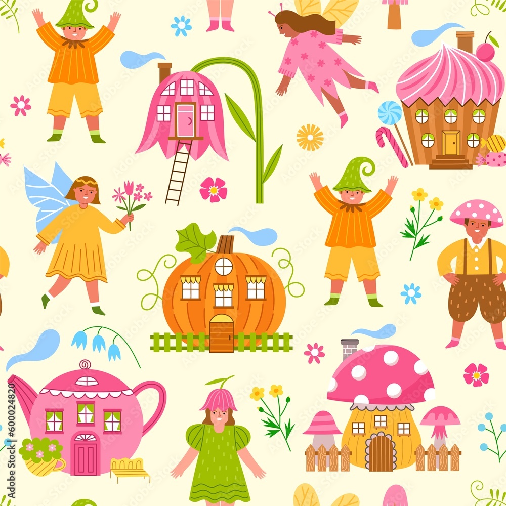 Fototapeta premium Fabulous houses and cute fairies. Repeated background, dwarves and elves, magical village residents, cute creatures, vector pattern seamless
