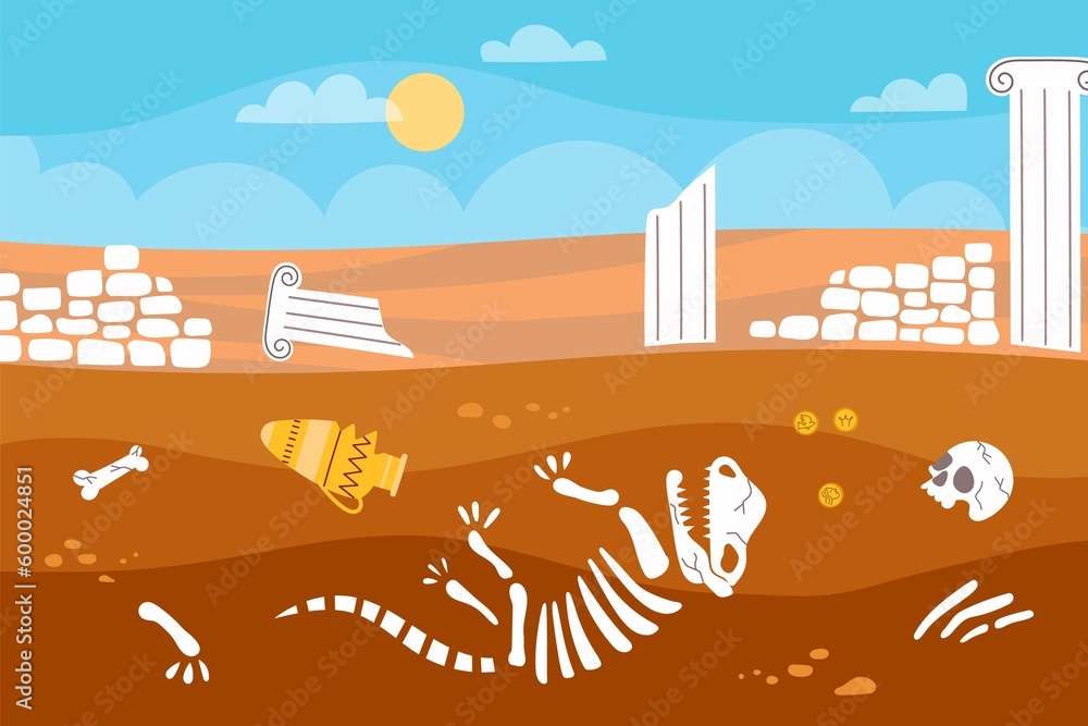 Geological soil layers. Archeology excavations, dinosaur bones skeleton