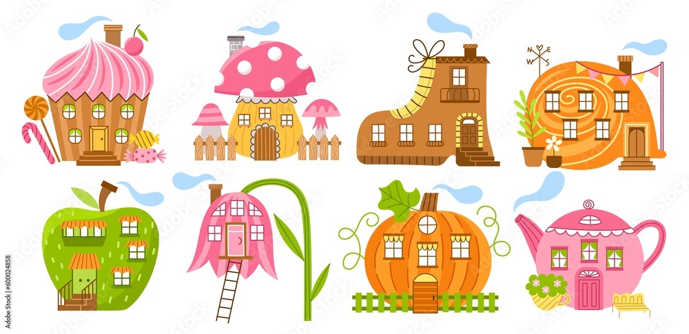 Fototapeta premium Pretty magical houses. Cute fabulous dwellings, fantasy designs and decorations, sweets, mushrooms and teapot shapes buildings, vector set