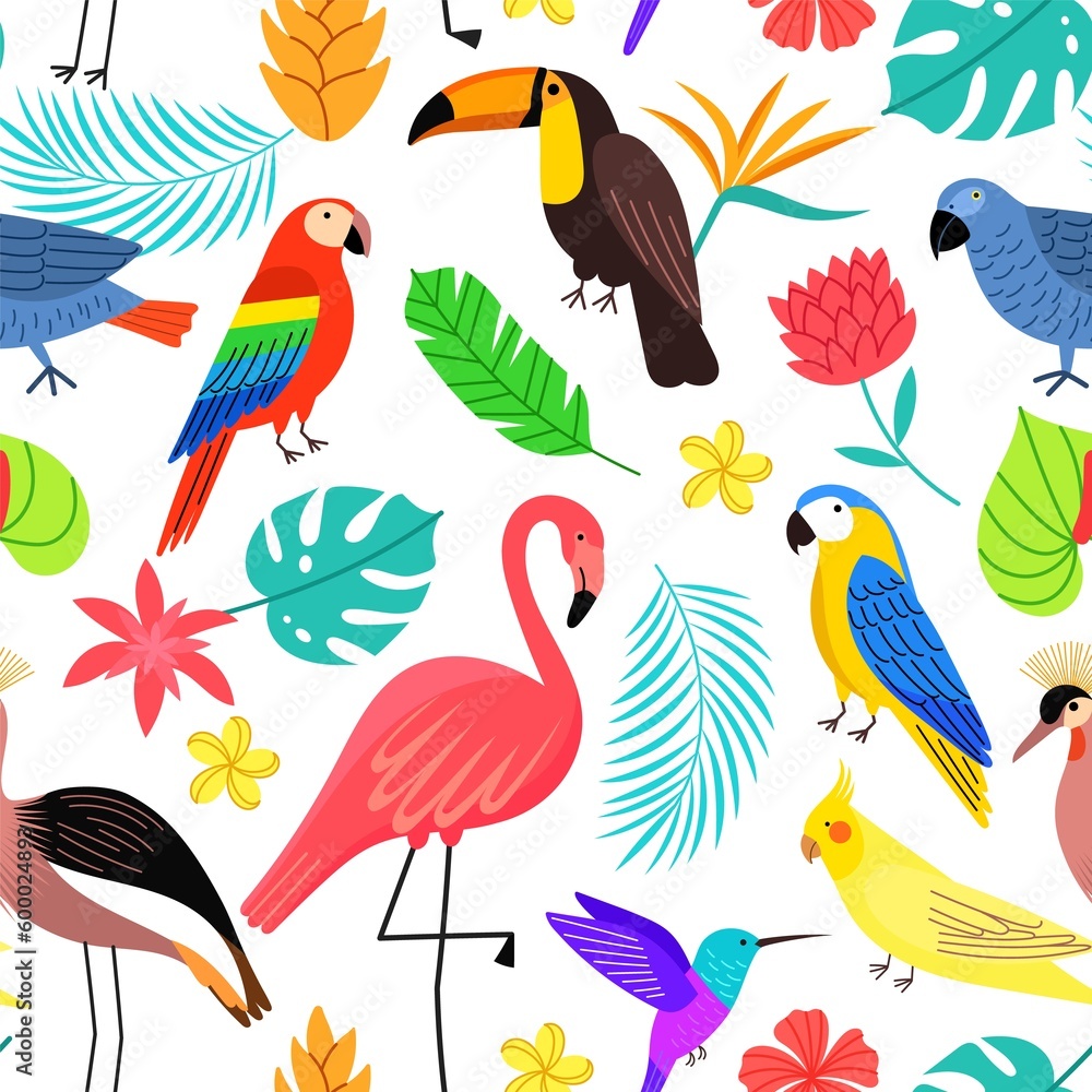 Fototapeta premium Tropical birds seamless pattern. Exotic wildlife, colorful bright parrot, flamingo, toucan and hummingbird, flowers, leaves, vector backdrop