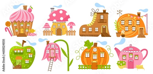 Pretty magical houses. Cute fabulous dwellings, fantasy designs and decorations, sweets, mushrooms and teapot shapes buildings, vector set