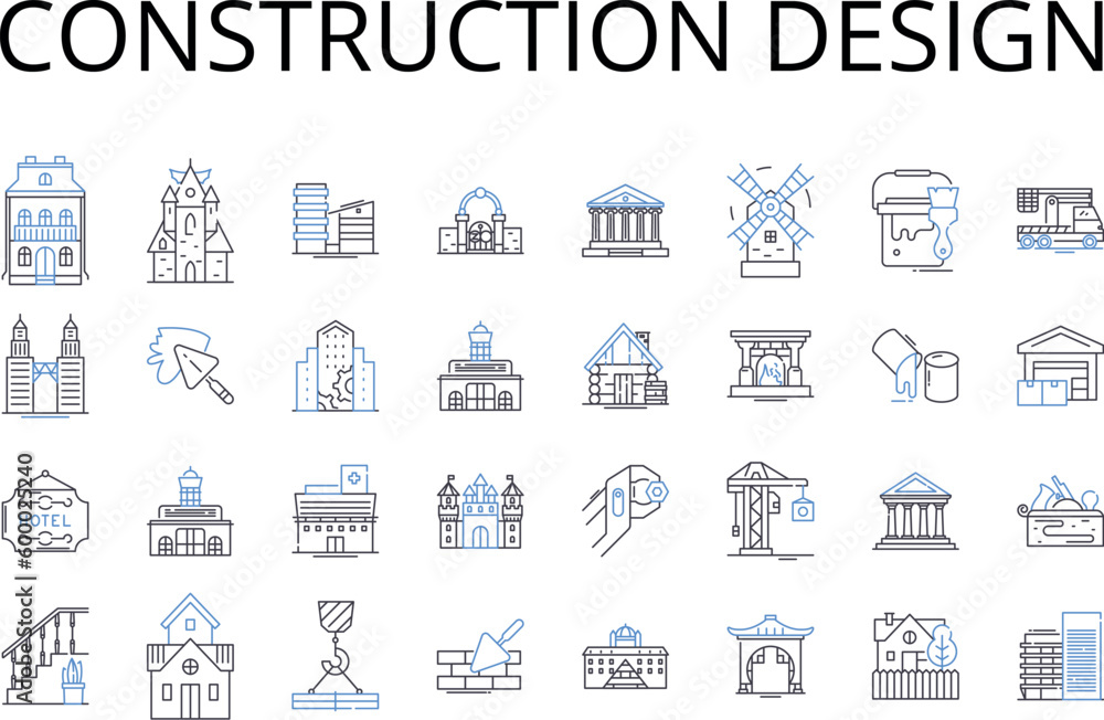 Construction design line icons collection. Building planning, Structural drafting, Architectural blueprint, Engineering analysis, Fabrication design, Industrial layout, Commercial development vector