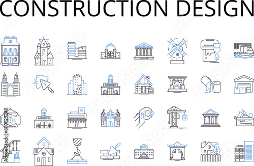 Construction design line icons collection. Building planning, Structural drafting, Architectural blueprint, Engineering analysis, Fabrication design, Industrial layout, Commercial development vector