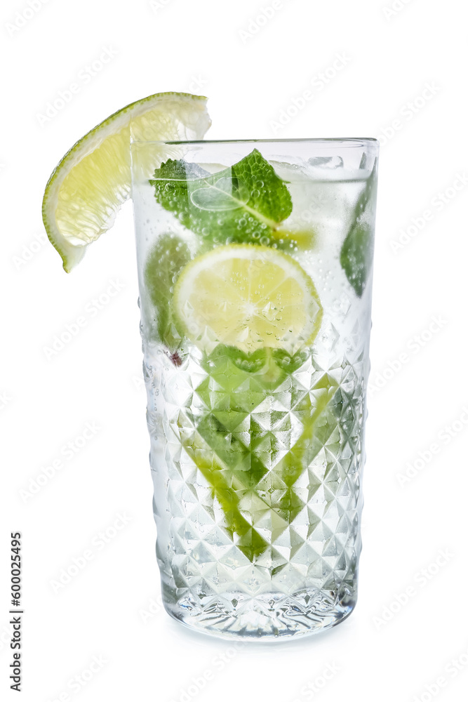 Glass of tasty mojito and ingredients on white background Glass of tasty mojito and ingredients on white background