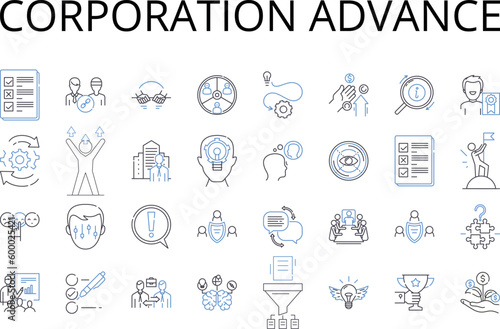 Corporation advance line icons collection. Company boost, Agency progress, Organization improvement, Business growth, Firm development, Establishment prosperity, Partnership headway vector and linear