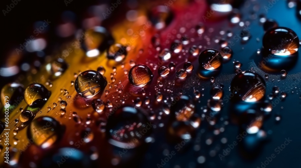 Water droplets on a black surface, creating a beautiful abstract pattern. Generative ai