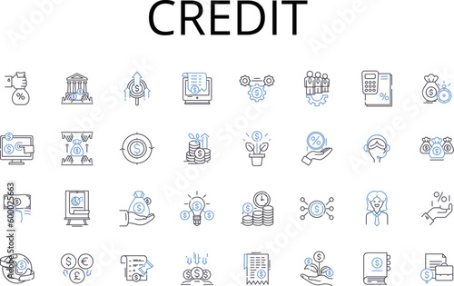 Credit line icons collection. Debt, Finance, Loan, Cash, Trust, Payment, Mortgage vector and linear illustration. Funds,Borrowing,Lend outline signs set