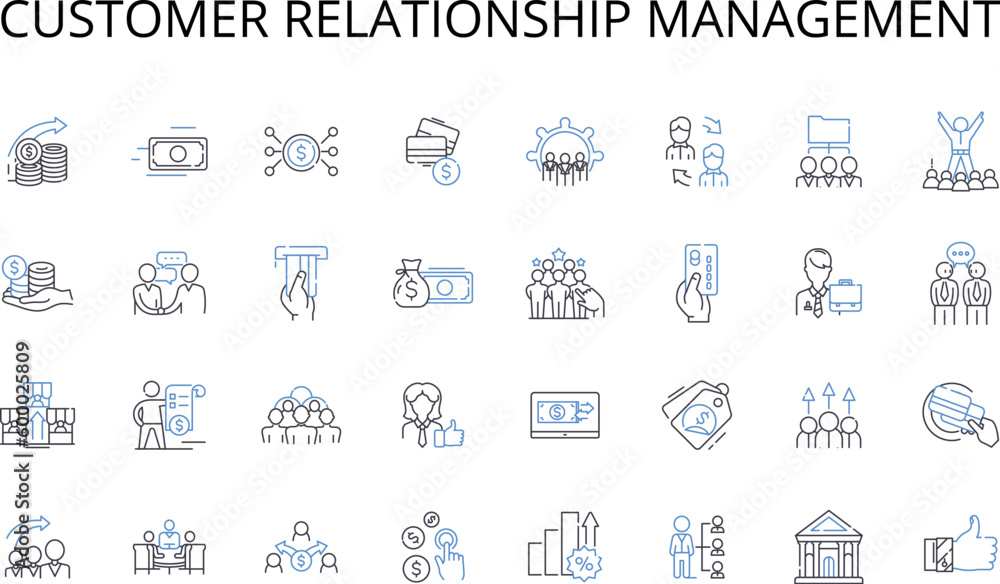 Customer relationship management line icons collection. Supply chain, Sales strategy, Brand management, Project management, Product development, Market research, Quality control vector and linear Customer relationship management line icons collection. Supply chain, Sales strategy, Brand management, Project management, Product development, Market research, Quality control vector and linear