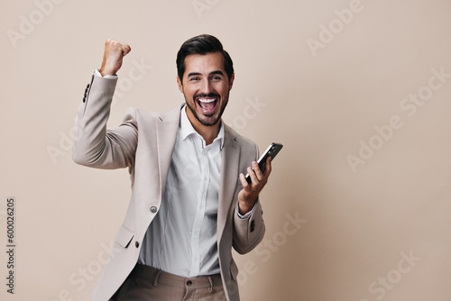 man smile happy phone portrait business smartphone hold call suit handsome