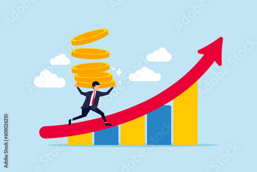 Increase revenue, income or investment profit, growing income or wealth, growth chart diagram or savings and investment return concept, businessman carry money coin stack walk up growth graph diagram.