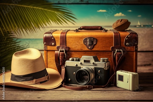 A suitcase and a hat are on a wooden table with a palm tree in the background.