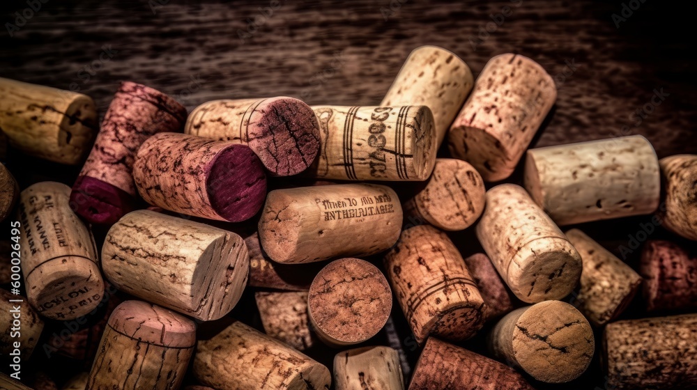 A stack of wine corks in a rustic setting. Generative ai