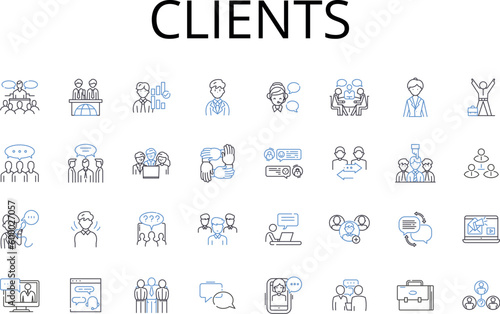 Clients line icons collection. Customers, Patrons, Buyers, Consumers, Visitors, Guests, Shoppers vector and linear illustration. Takers,End-users,Attendees outline signs set