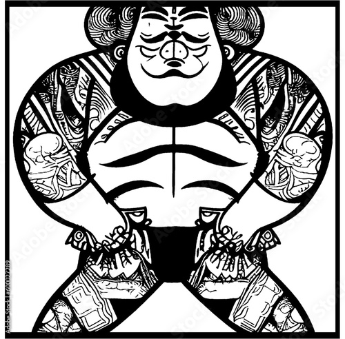 black and white image of a Japanese sumo wrestler