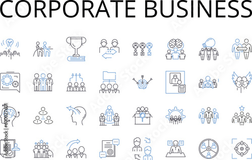 Corporate business line icons collection. Governmental administration, Professional establishment, Financial industry, Entrepreneurial venture, Industrial commerce, Multinational corporation