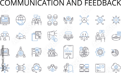 Communication and feedback line icons collection. Dialog, Discussion, Exchange, Correspondence, Interaction, Response, Comment vector and linear illustration. Critique,Review,Testimonial outline signs
