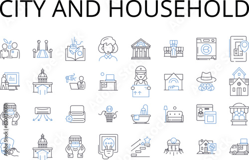 City and household line icons collection. ity, Metropolis, Urban center, Megalopolis, Municipality, Capital, Town vector and linear illustration. Village,Burg,Community outline signs set