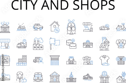 City and shops line icons collection. Urban area, Downtown, Metropolis, Business district, Shopping center, Retail hub, Commercial z vector and linear illustration. Marketplace,High street,Pedestrian