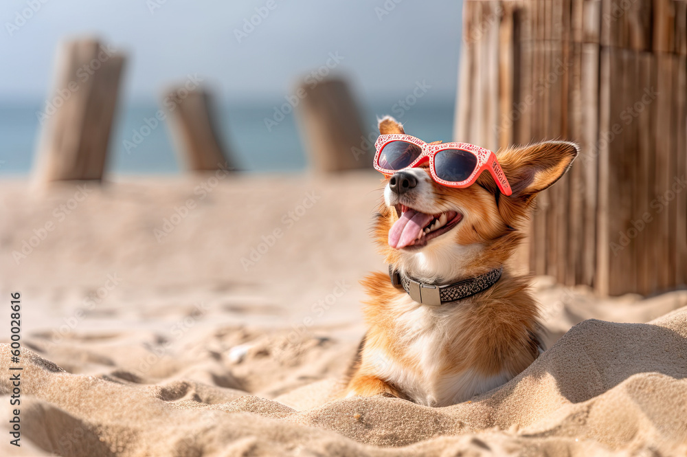Dog with sunglasses at the beach created with Generative AI technology Dog with sunglasses at the beach created with Generative AI technology