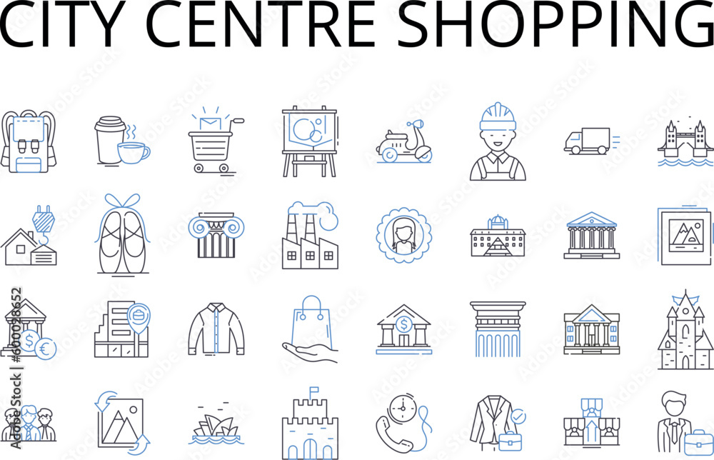 City centre shopping line icons collection. Downtown shopping, Urban shopping, High street shopping, Central shopping, Inner city shopping, CBD shopping, Metropolitan shopping vector and linear