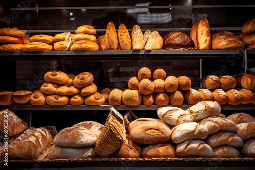 Breads in german bakery, Delicious bread loaves, bread buns, and bread rolls in a german baker shop, different types of freshly baked bread on bakery shelves, front view. generative ai