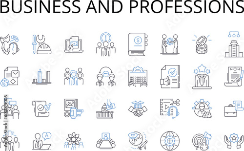Business and professions line icons collection. Commerce, Enterprise, Trade, Industry, Occupation, Workforce, Career vector and linear illustration. Guild,Craft,Service outline signs set