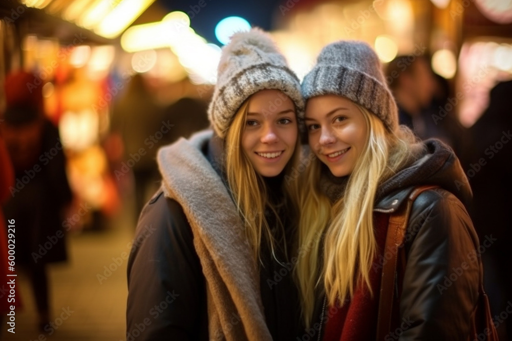 young teenage girls in a city in the cold winter time with thick winter jackets, girlfriends together in the evening, going out, fictional place. Generative AI young teenage girls in a city in the cold winter time with thick winter jackets, girlfriends together in the evening, going out, fictional place. Generative AI