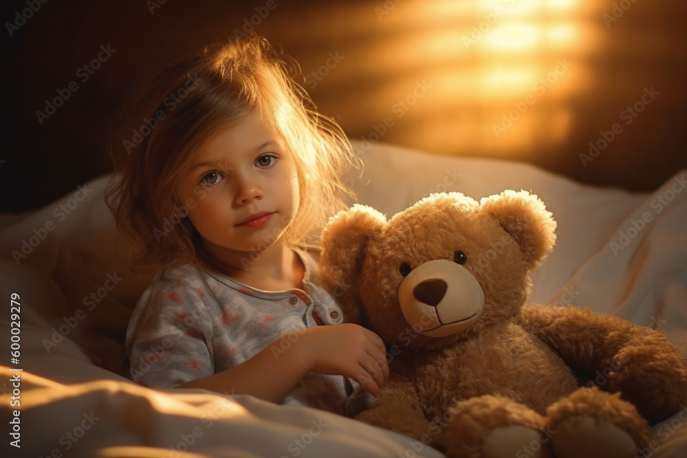 Toddler, young girl child kid at home on bed in the children's room with teddy bear soft toy, in the morning or at sunset Generative AI Toddler, young girl child kid at home on bed in the children's room with teddy bear soft toy, in the morning or at sunset Generative AI