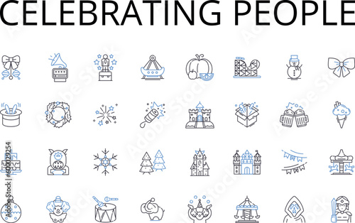 Celebrating people line icons collection. Applauding heroes, Honoring triumphs, Commending winners, Praising champions, Recognizing greatness, Hailing achievers, Felicitating stars vector and linear