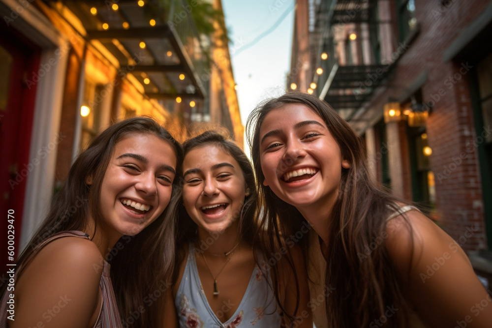 young women or teenagers, young girls outside on a side street, group of friends in free time. Generative AI young women or teenagers, young girls outside on a side street, group of friends in free time. Generative AI