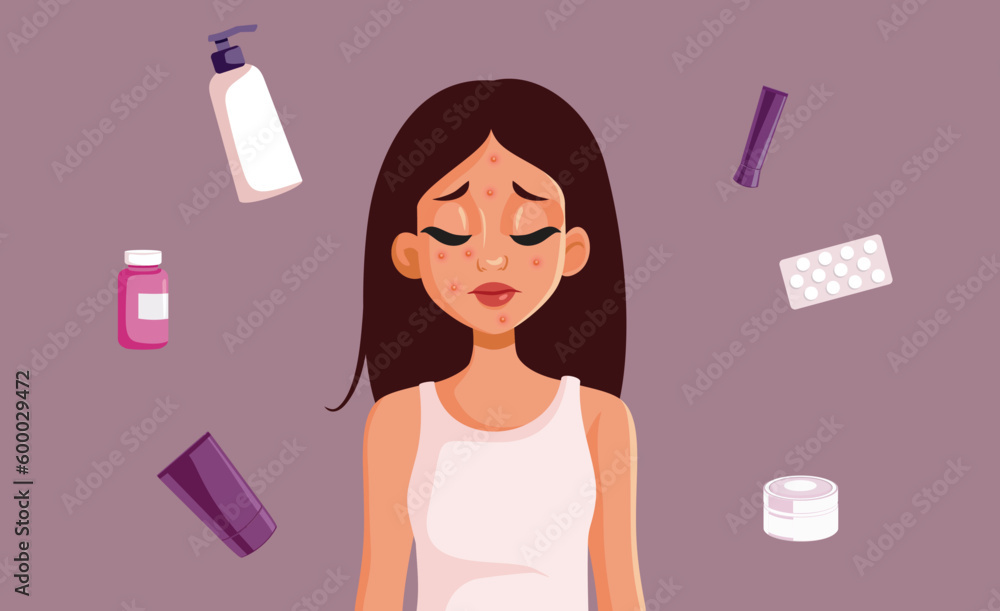 Young Woman Suffering from Acne Looking for Treatment Vector Illustration. Sad girl having pimples during puberty looking for a cure
Young Woman Suffering from Acne Looking for Treatment Vector Illustration. Sad girl having pimples during puberty looking for a cure