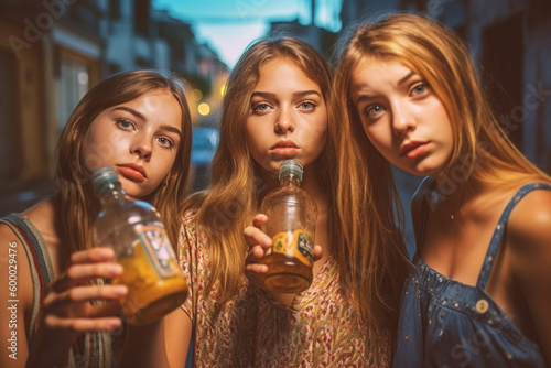 drunken or intoxicated teenagers, young girls outside on a side street, group of female friends in free time, drinking alcohol and celebrating and partying. Generative AI