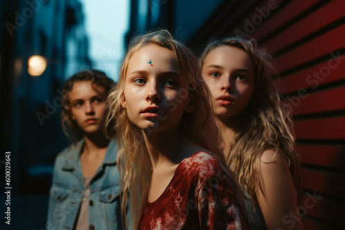 young women or teenagers, young girls outside on a side street, group of friends in free time. Generative AI