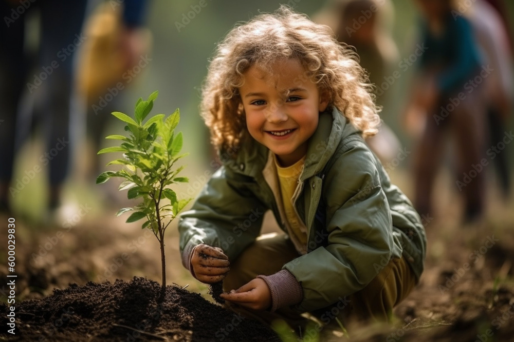 © wetzkaz - toddler, little kid plants a plant or tree seedling. Generative AI