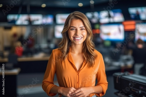 tv presenter in the tv studio, portrait video recording, smiling friendly sympathetic face, news streaming. Generative AI photo
