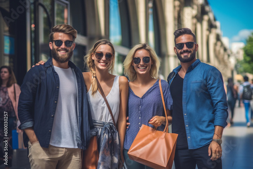 walking and shopping in the city, shopping bags and shopping bags, group of friends and couple in line, buying clothes and shopping. Generative AI