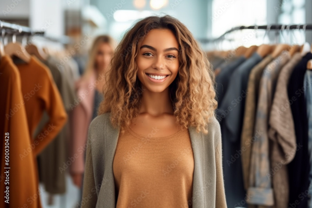 young adult woman, attractive beautiful pretty, shopping in clothing store, clothes shopping. Generative AI