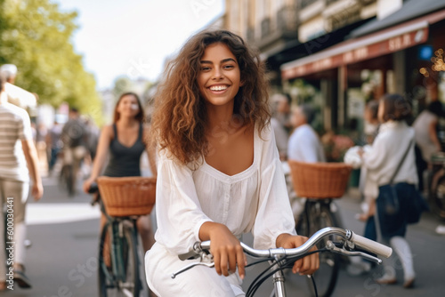 young adult attractive smiling woman has fun and joy riding a bicycle on a side street in a small town, fictional location. Generative AI #600030441