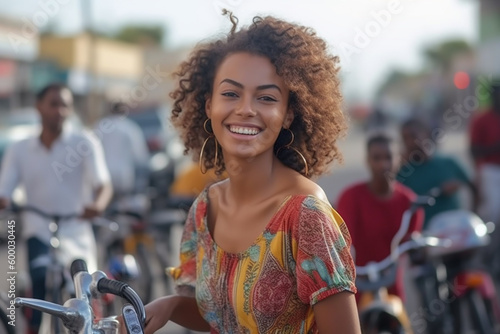 young adult attractive smiling woman has fun and joy riding a bicycle on a side street in a small town, fictional location. Generative AI #600030445