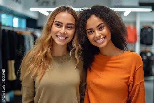 two young adult women, attractive beautiful pretty, shopping in clothing store, clothes shopping. Generative AI © wetzkaz