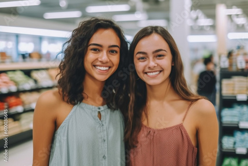 two young adult women, friends or siblings, shopping together in the supermarket, smiling happy and relaxed serene. Generative AI