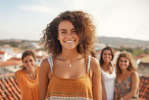 young adult woman is with her friends in a group on a balcony or flat roof with a view over a city, city trip or excursion on vacation, warm summer temperatures. Generative AI