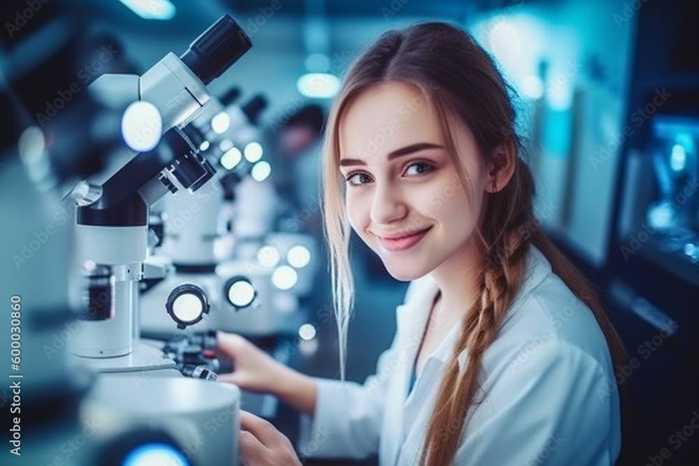 young adult woman is a scientist and researches, microscope. Generative AI young adult woman is a scientist and researches, microscope. Generative AI