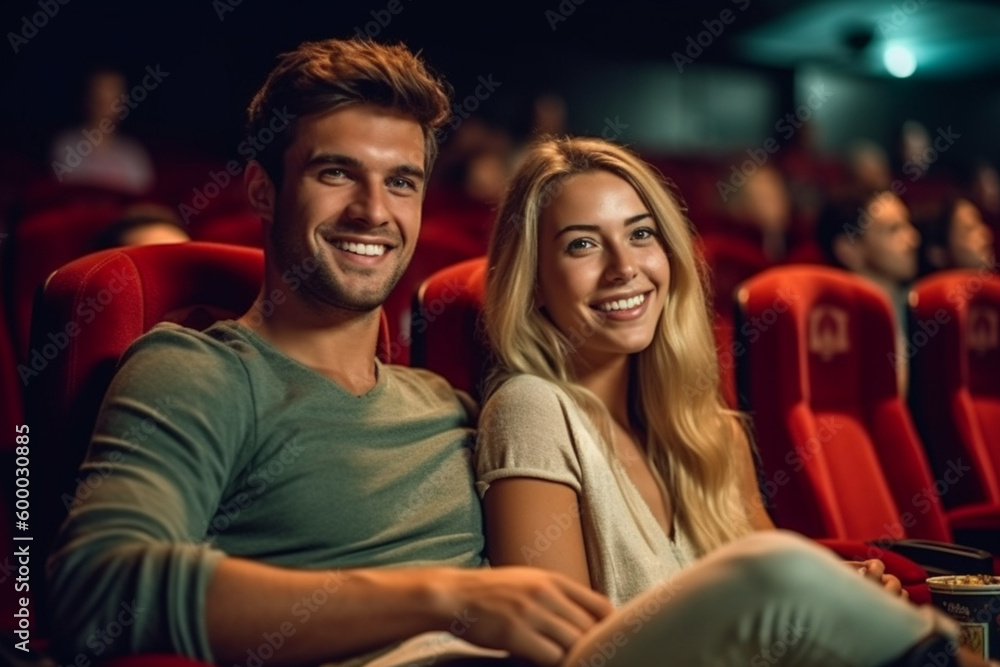 young adult woman and man in the cinema or theater or opera, in an armchair, happy beaming, good entertainment, free time and weekend. Generative AI
